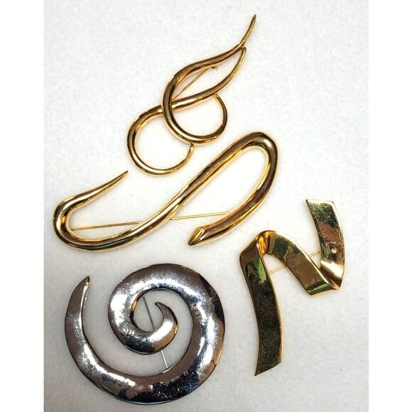 Vtg 80s Oversized Brooch 4 Pc Lot Abstract Mod Swirls Swish Goldtone Silvertone - Picture 4 of 7